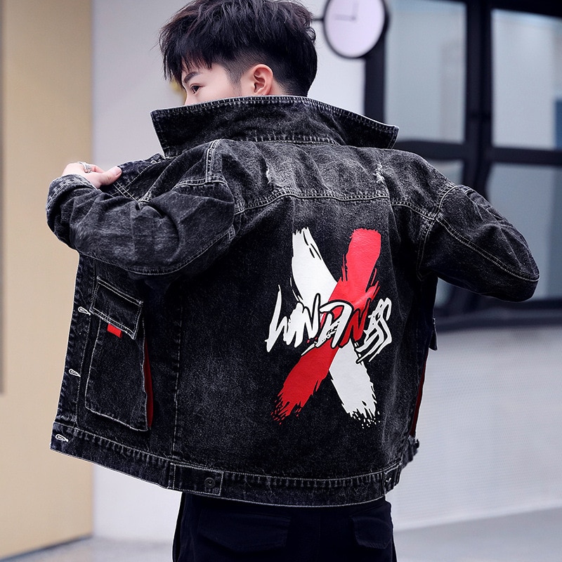 Jeansjacka herr koreansk trendig vinter retro smal vår höst broderi tiggare sliten hål tunn jacka