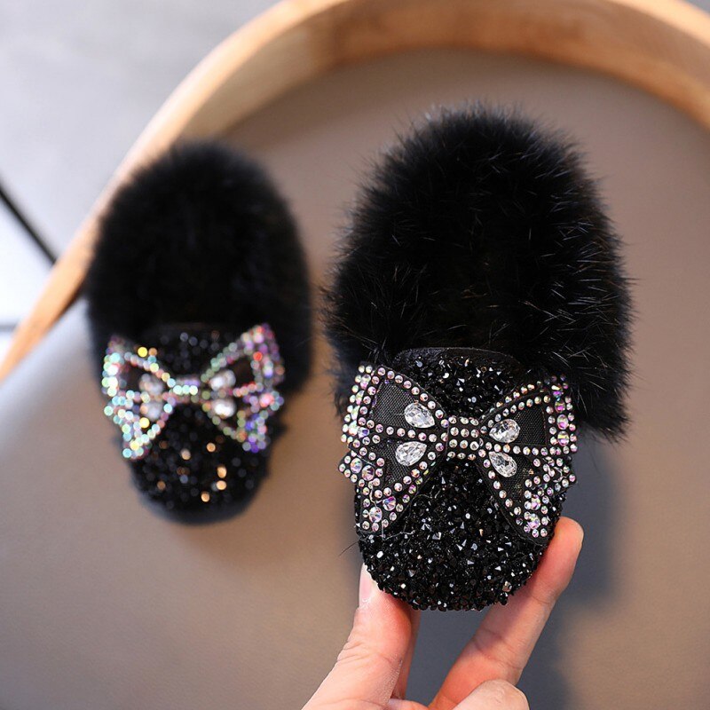 Herfst Winter Meisjes Schoenen Warme Katoen Pluche Fluffy Fur Kids Loafers Met Rhinestone Bow-Gebonden Wollen Flats Kinderen Loafer43