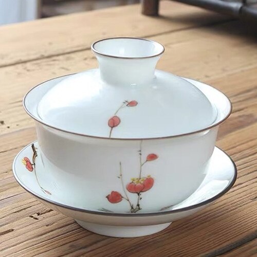 Kinesisk håndlavet keramik gaiwan hvid porcelæn kontor te kop bærbar rejse te skål håndmalet kung fu te sæt drikkevarer: E