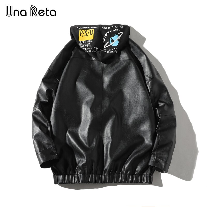 Una reta pu skinnjacka herr höst dragkedja streetwear herr skinnjacka tryck luva svart kappa hip hop biker jacka