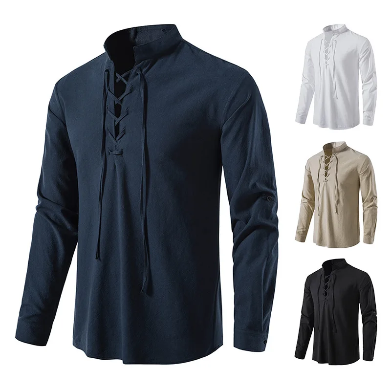 Novos Homens Decote Em V Camisa T-Shirt Moda Vintage Fino Top Manga Longa Homens Casual Respirável Viking Frente Lace Up Ho