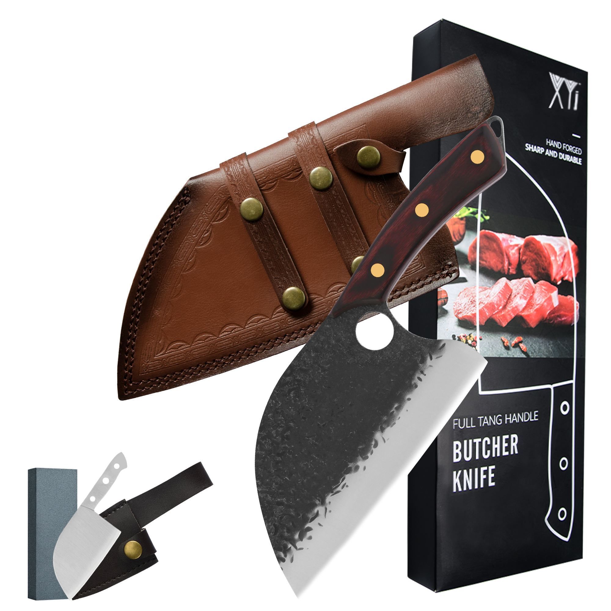 XYj-cuchillo de carnicero Tang completo de 7 pulgadas, cuchillo afilado de acero inoxidable, mango de madera, herramientas de accesorios de cocina, caja de: KNIFE SET-B