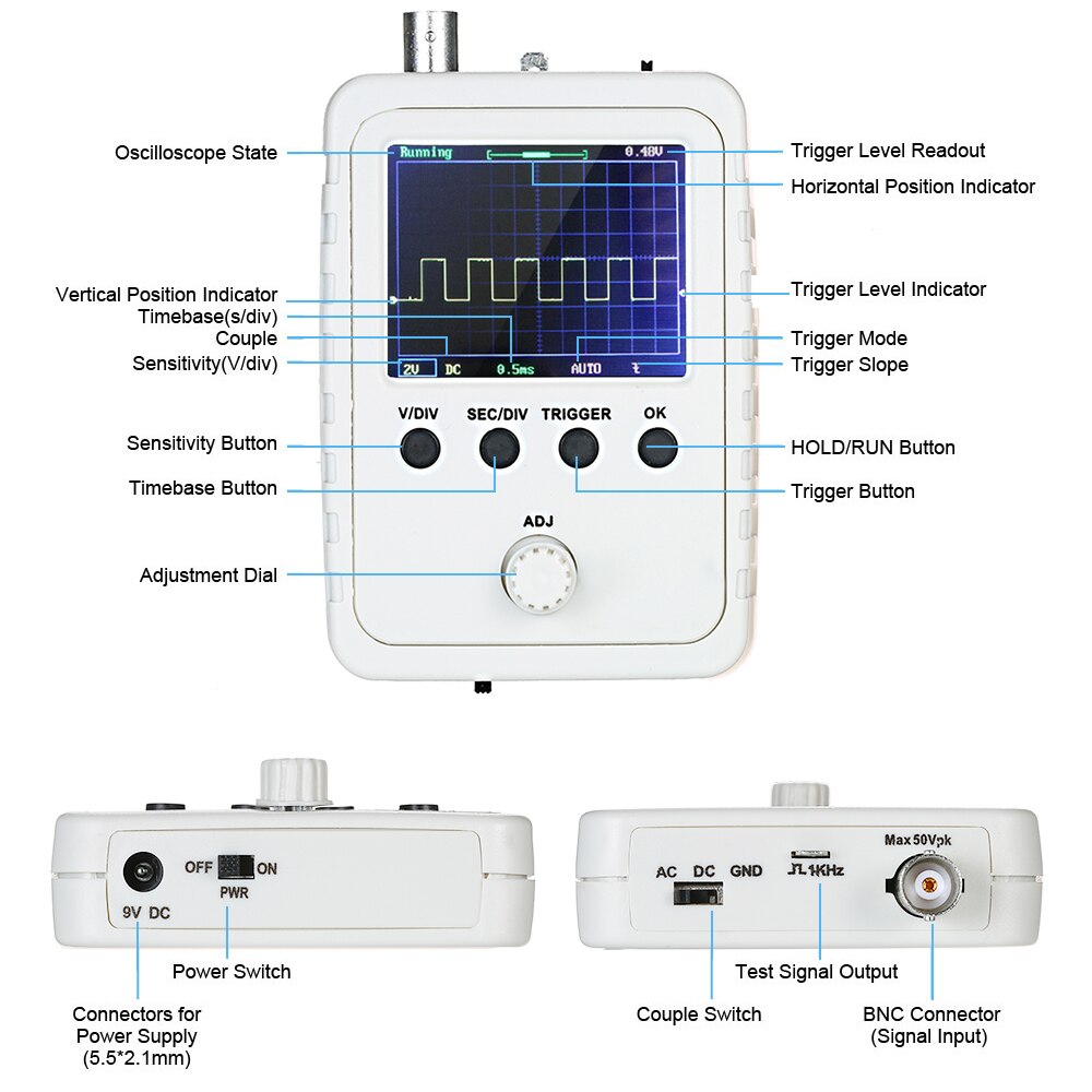 Oscilloscope numérique Portable couleur 2.4 pouces, analyseur logique avec 0-200KHz largeur de bande 1M taux d'échantillonnage