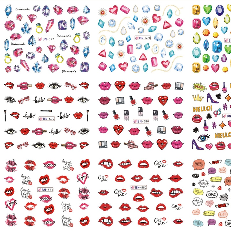 12 stk læber søm vand mærkat valentine negle kunst klistermærker elsker makeup vand overførsel mærkat sæt skyder tatovering folie