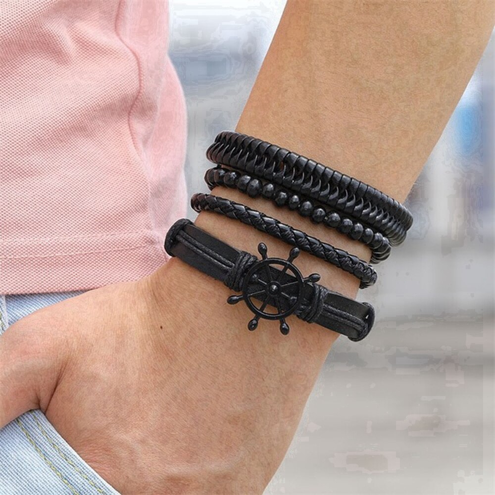 Ifmia Zwarte Mannen Armbanden Vintage Multilayer Leather Braid Armbanden Armbanden Leaf Handgemaakte Rope Wrap Armbanden Mannelijke Jewlery: IF490001999