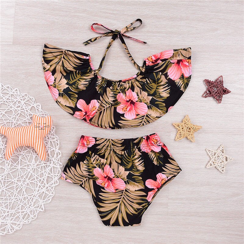 Newborn Infant Ruffle Swimsuit Kid Baby Girls Bikini Set Swimwear Children Baby Girl High Waist Printing Bathing Suit Beachwear