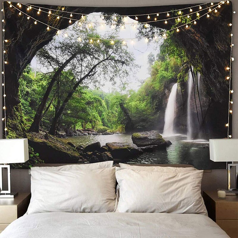 Large Beautiful Nature Scenery Forest Waterfall Wall Tapestry Psychedelic Forest Waterfall Home Wall Hanging Tapestries Yoga Mat
