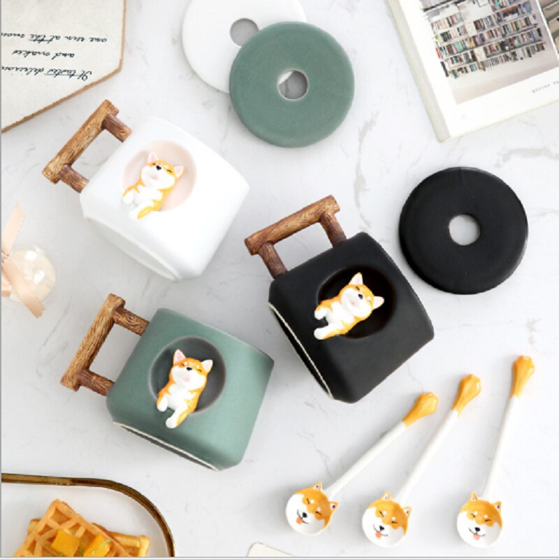 Cartoon Ceramic Mug Cute 3D Shiba Inu Dog Spoon Milk Tea Coffee Cup