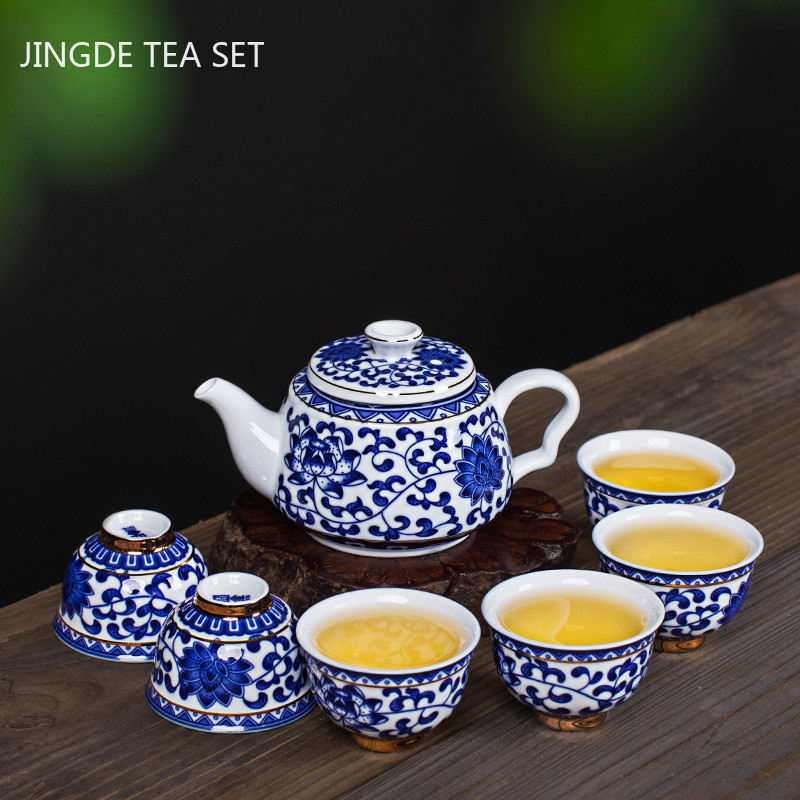 Service à thé en porcelaine bleu et blanc Antique, ensemble de théière et tasse chinois avec filtre en céramique,