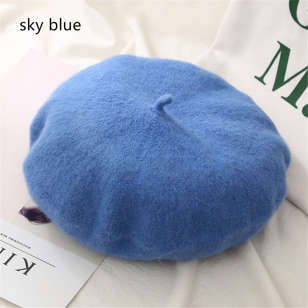 Gorros de boina de fieltro para otoño e invierno, sombrero de pintor francés a la para mujer, boinas de Color sólido a la para niñas, gorra plana multicolor para mujer: Azul cielo