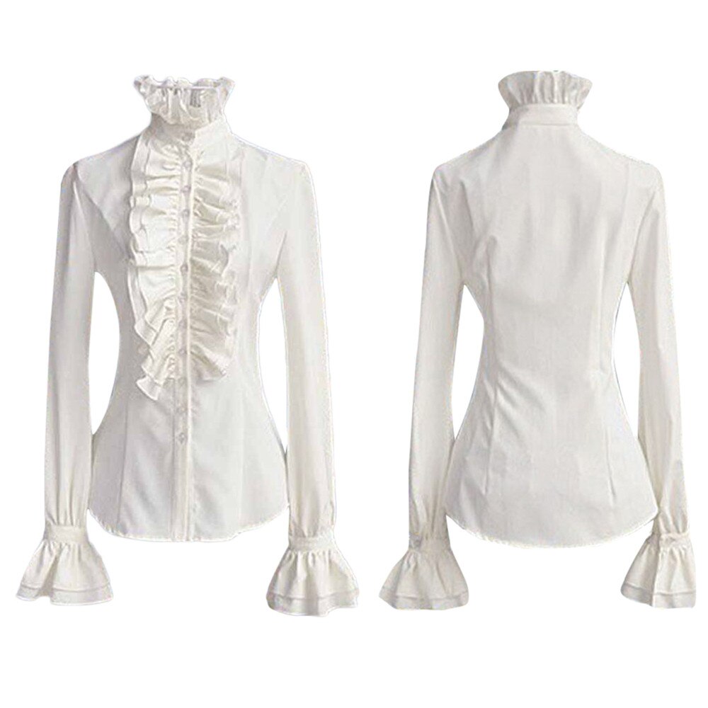 Women Retro Blousers Ruffles Lolita Floral Stand Collar Shirt Medieval Blouses Gothic Lolita Blouse Victorian Women Ladies Shirt: White / XL