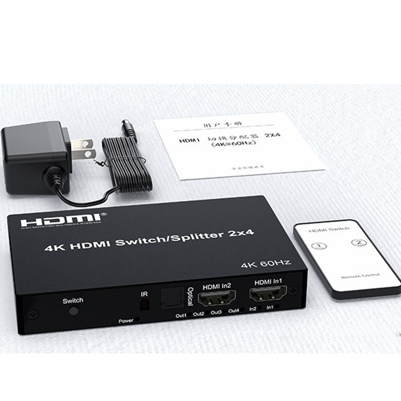 4K@60Hz 2x4 Switch 2 In 4 Out HDMI-compatible 5M/30M Extend Splitter Switcher With Audio Extractor for 4 Screen Monitor Display