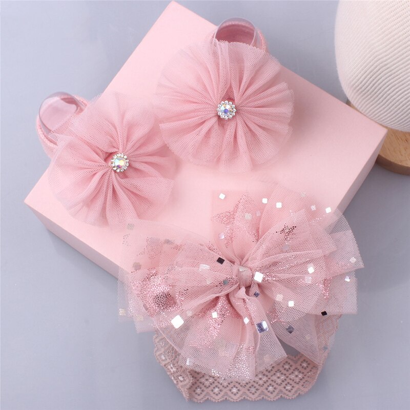 2Pcs Baby Sokken Hoofdband Set Anti Slip Pasgeboren Meisje Sokken Met Rubberen Zolen Kant Bloem Strikken Baby Peuter Korte vloer Sokken