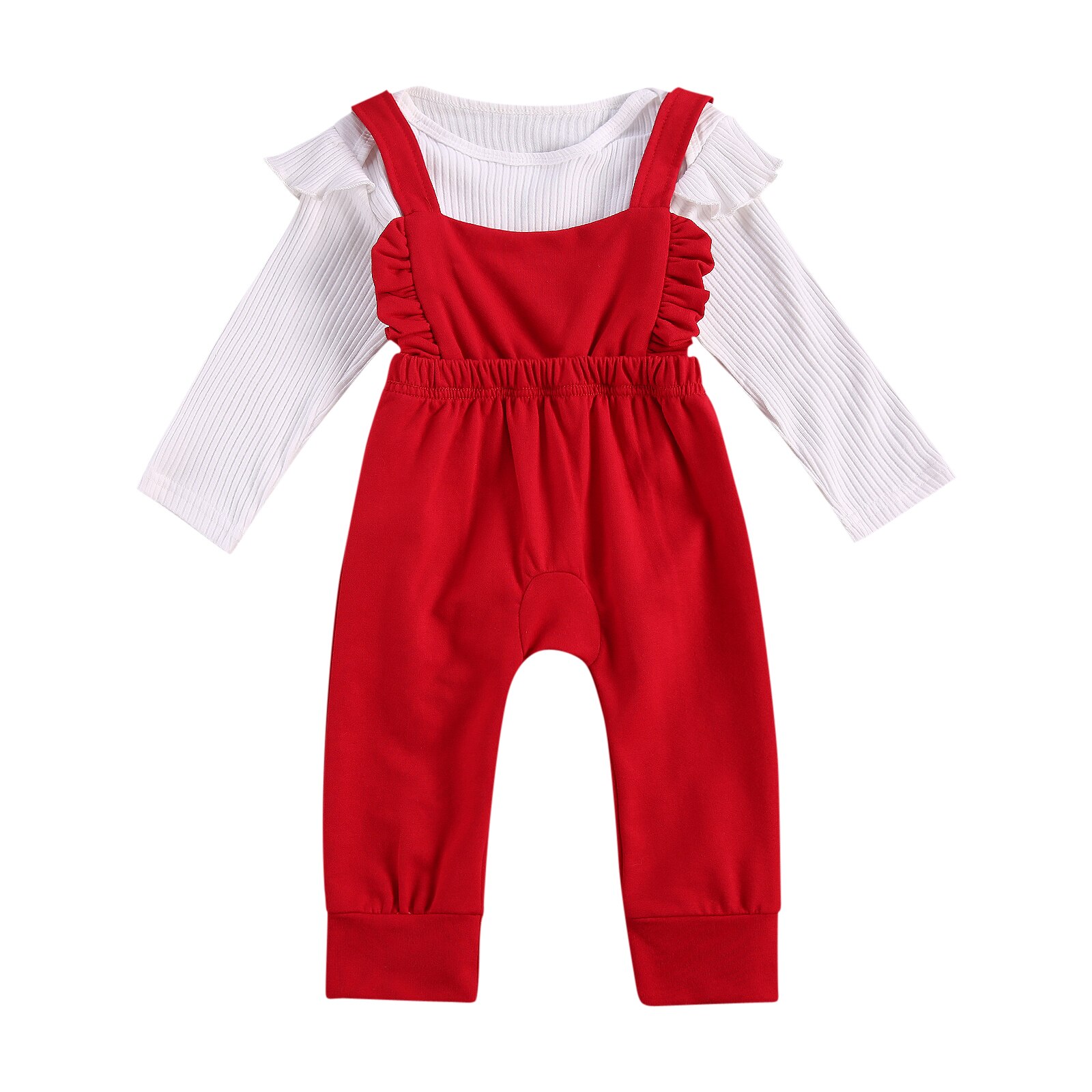 FOCUSNORM 0-24M Autumn Infant Baby Girls Boys Clothes Sets Solid Ruffles Long Sleeve Romper Tops+Bib Overalls Pants 5 Colors: Red / 24M