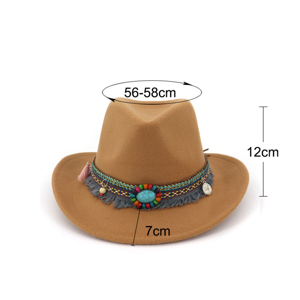 Women Wool Western Cowboy Hat With Tassel Ribbon Wide Brim Jazz Hat Sombrero Hombre Hat