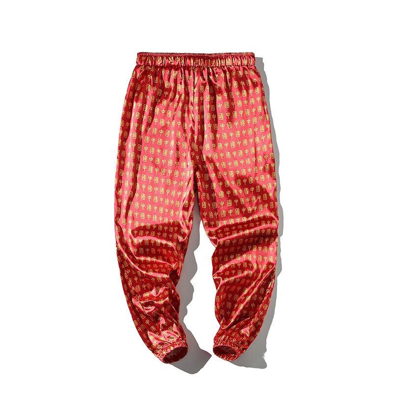 Pantalon en Satin imprimé pour hommes, vêtement en soie, grande taille, rouge, chinois, nouvel an, Vintage, rayonne lisse