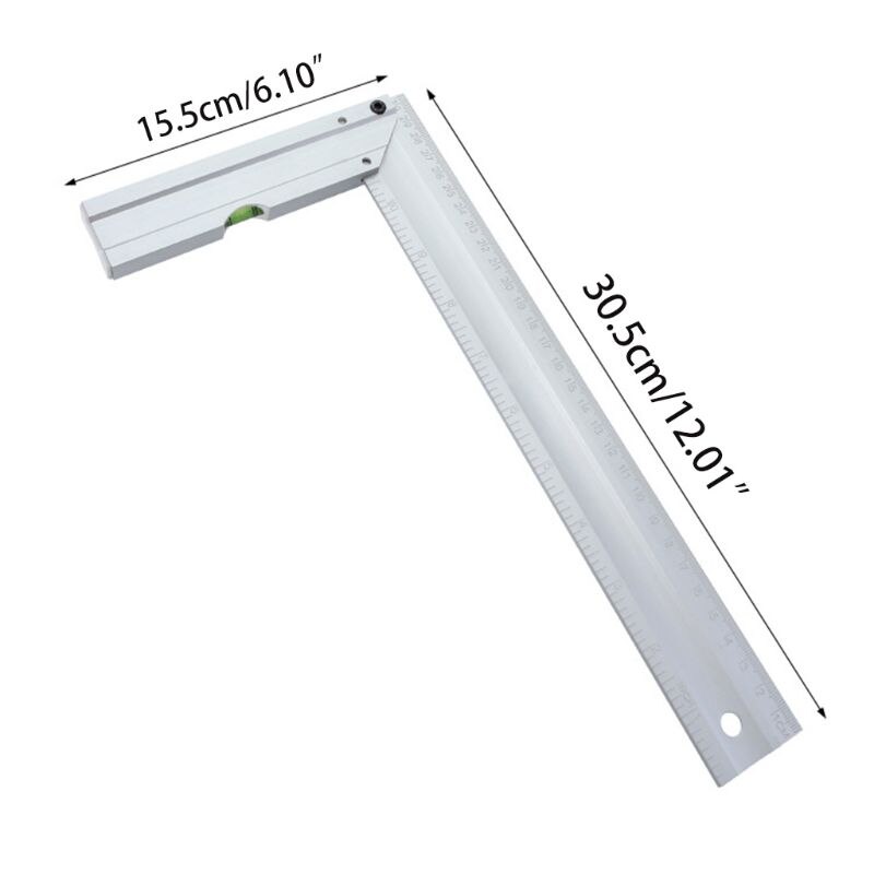 90 Degree Scribing Ruler Carpenter 300mm Square Ruler Aluminum with Level Bubble Metric/Inch Woodworking Tool