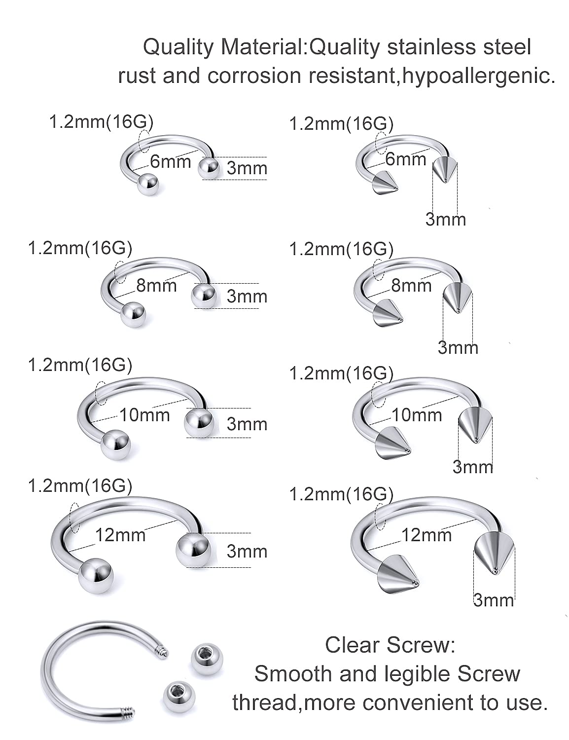 1 pièces 16G acier chirurgical nez Septum fer à cheval cerceau boucle d'oreille sourcil Tragus lèvre Piercing anneau boules pointes 6-12mm