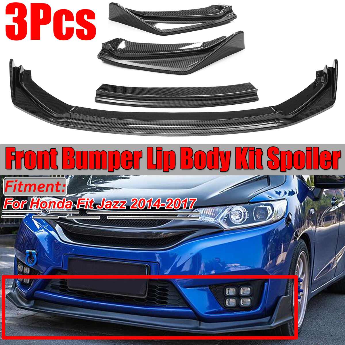 3pcs Car Front Bumper Lip Body Kit Diffuser Deflector Spoiler Splitter Lip Guard For Honda For Fit For Jazz