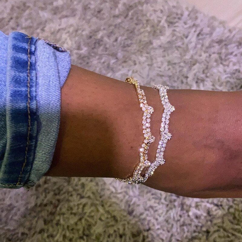 Stonefans Bohemian Double Layer Wave Anklet Bracelet Jewelry for Women handmade Shiny Full Rhinestone Chain Anklet Accessories
