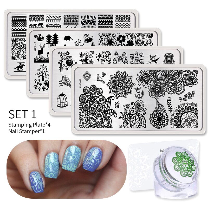 Geboren Pretty Nail Stempelen Platen Set Bloem Gemetory Diy Afbeelding Afdrukken Stencil Tool Nail Stempelen Template Met Stamper: Set 1