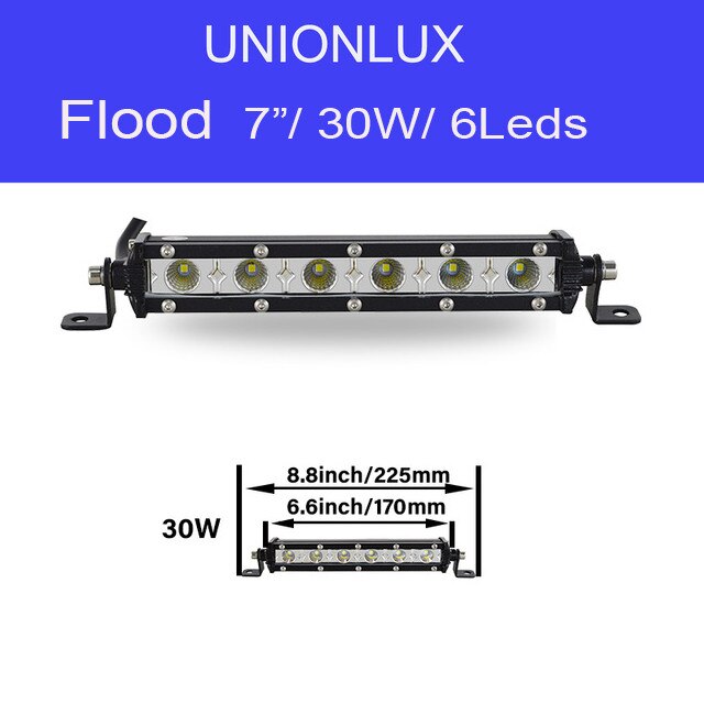 Barra de luz LED delgada de una hilera, 7/13/20/25/32/38 pulgadas, 120W, 150W, 180W, todoterreno, para camión, SUV, ATV, 12V, 24V: 7inch 30W Flood