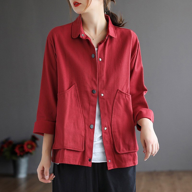 Vrouwen Lange Mouw Katoen Casual Jassen Herfst Vintage Stijl Turn-Down Kraag Losse Vrouwelijke Bovenkleding Jassen B1115
