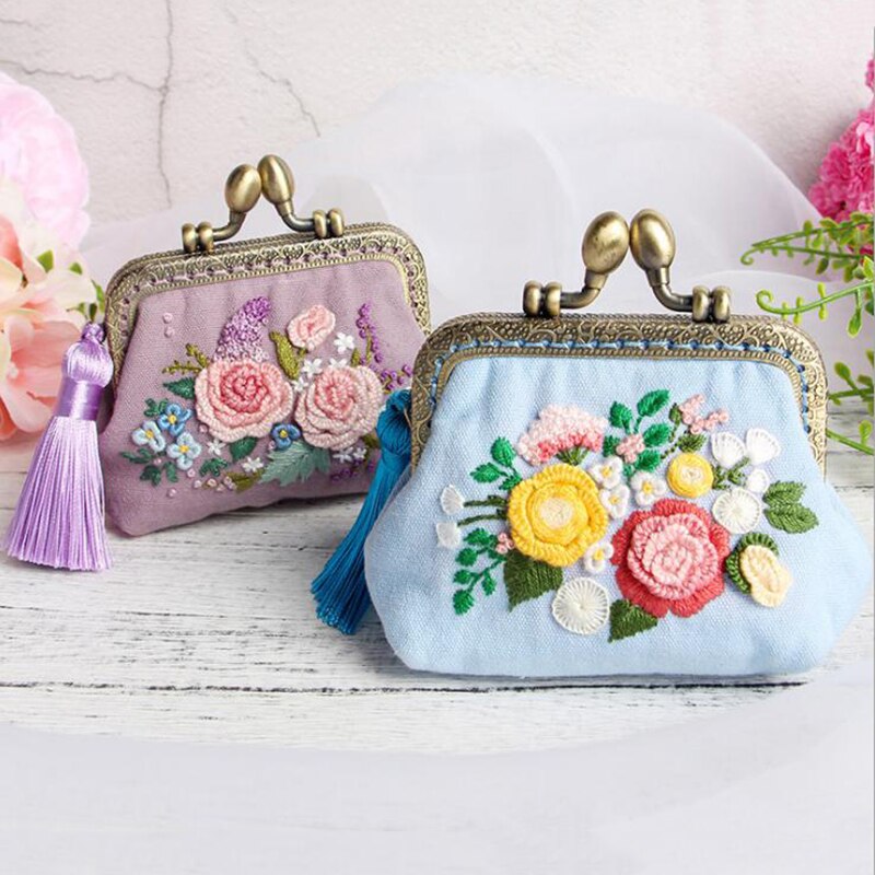 Billetera con bordado de flores de cinta para principiantes, Kits de costura, Serie de punto de cruz, manualidades, Kit de materiales de monedero DIY