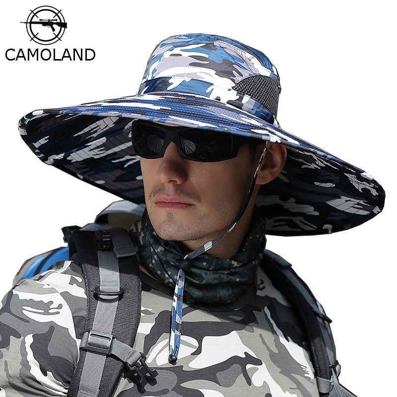 Camoland sommar solhatt herr kamouflage bucket hatt utomhus uv skydd keps hane lång bred brätte vandring fiske hattar