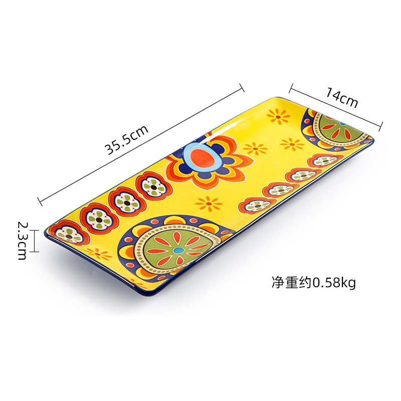 Série latine bols à salade en céramique créatifs, plats occidentaux peints à la main, bols à riz maison sous glaçure, ensemble d'assiettes à nouilles: 14 inch narrow plate