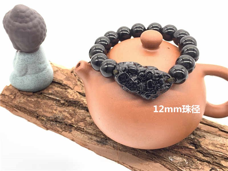 Bracelet de perles unisexe pour hommes et femmes, accessoire de poignet en obsidienne, Feng Shui chinois Pi Xiu, or, richesse et bonne fortune Pixiu,: 12mm