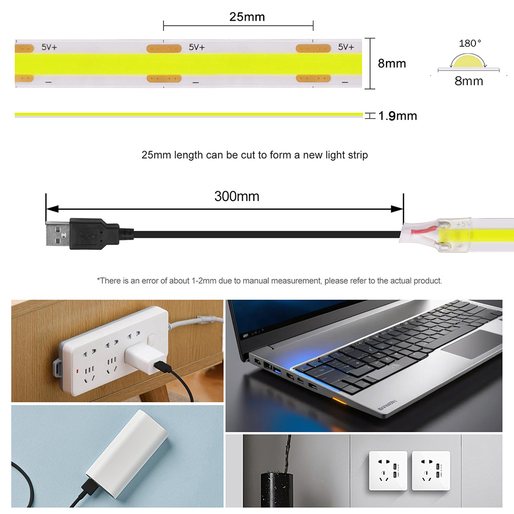 5v usb cob led -nauhaa, 320 lediä, joustava teippi, 8mm piirilevyä, valkoinen/punainen/vihreä/vaaleanpunainen/jäänsininen/keltainen nauha, yölamppu, television taustavalot