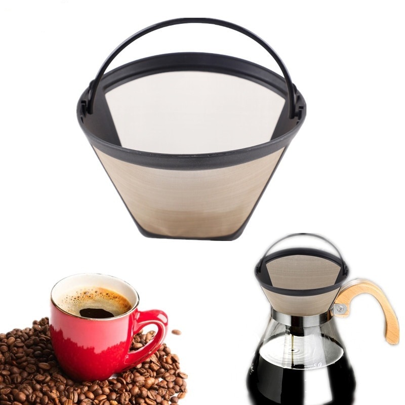 1pc Washable Handle Coffee Filter Stainless Steel Reusable Coffee Filter Cone-Style Refillable Gold Mesh Cafe Maker Machine Tool
