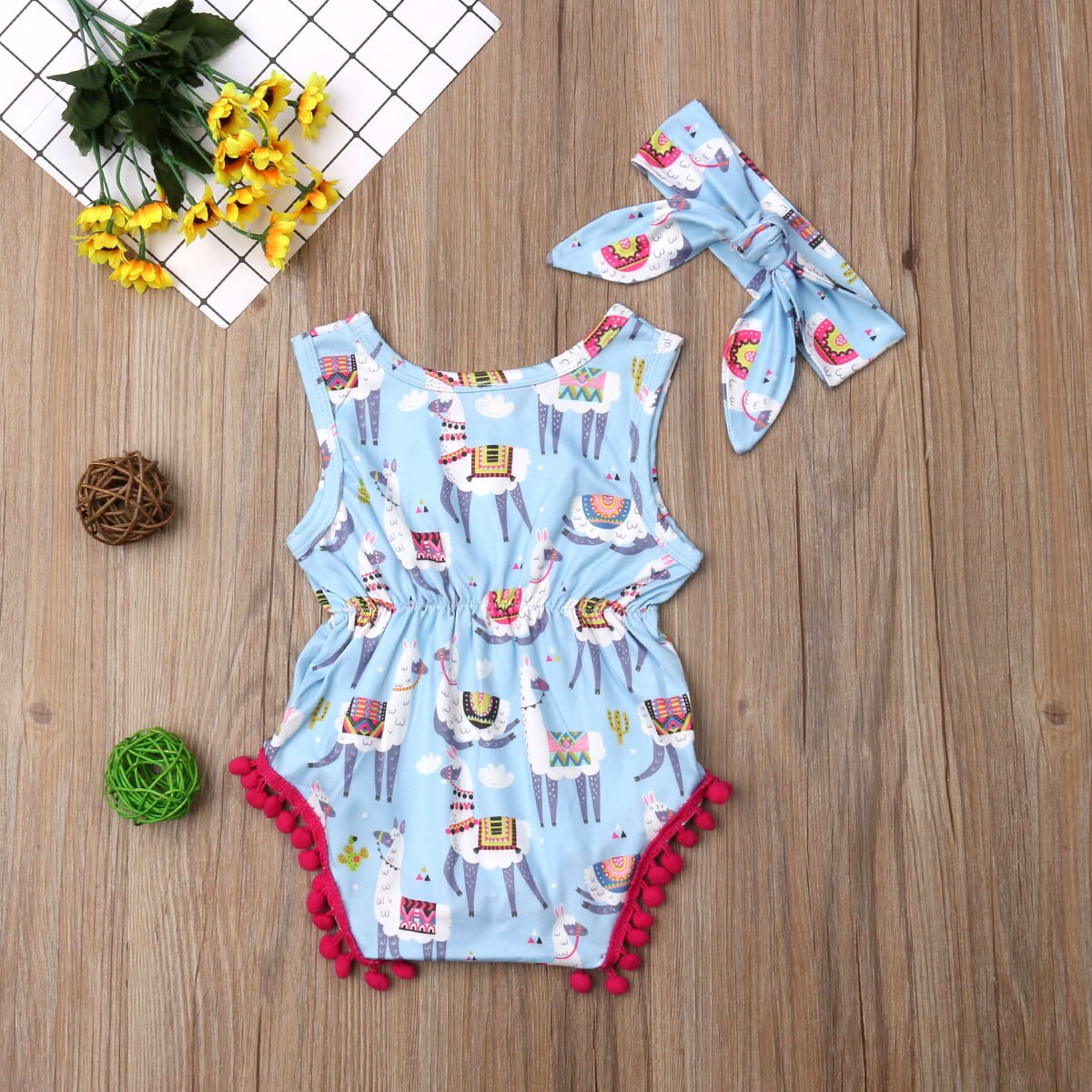 Neue Neugeborenen Kleinkind freundlicher Baby Mädchen Junge Alpaka Bodys Quaste Ball Ärmelloses Drucken Elastische Taille Sommer Overall