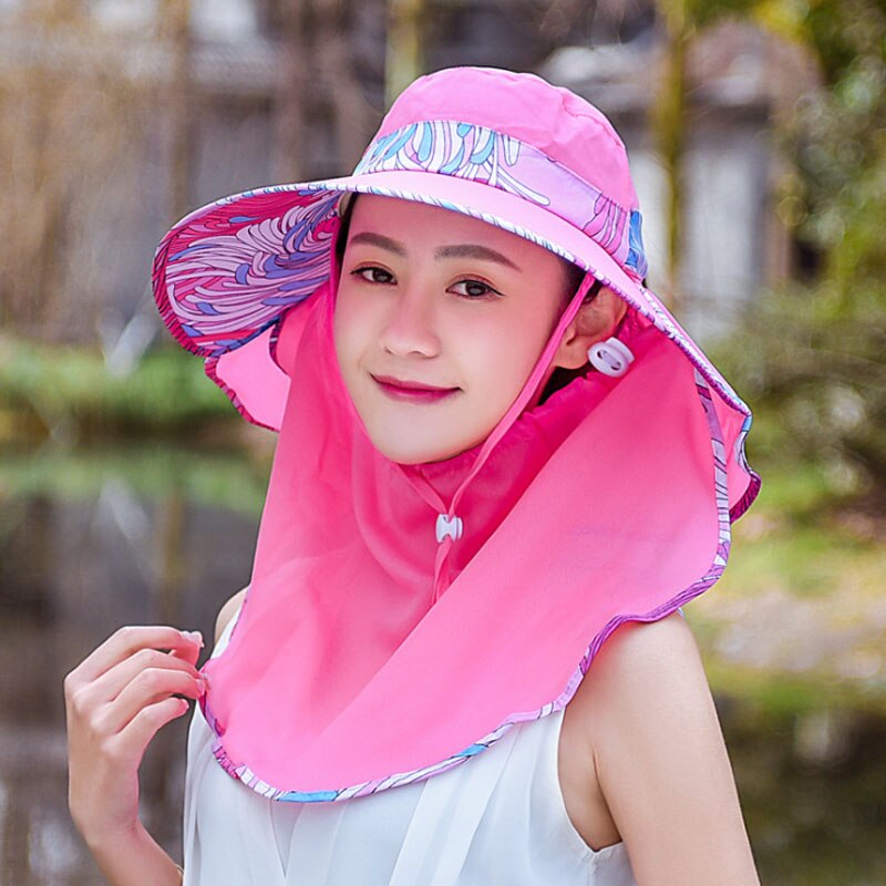 Ymsaid Chiffon Flowers Big Eaves summer hats for women Foldable Covered Face Neck Cycling Anti Uv Sun Hat: Rose red Hat