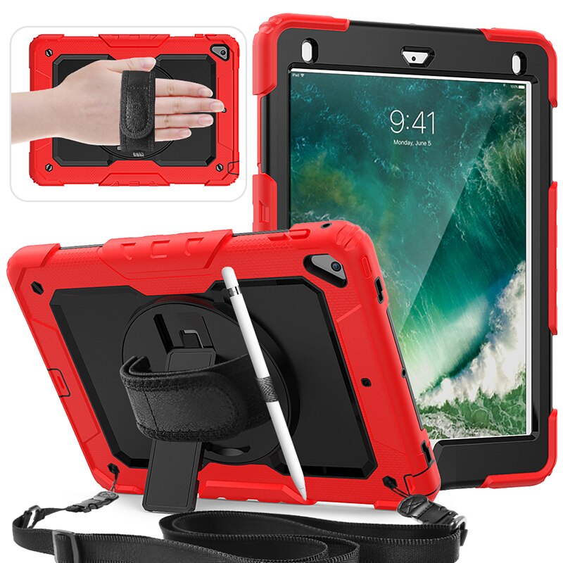 Universal Though Rugged Case for ipad air 2 6th 5th gen pro 9.7 inch Hand Strap cases with Kickstand Stand and Shoulder Strap: RED