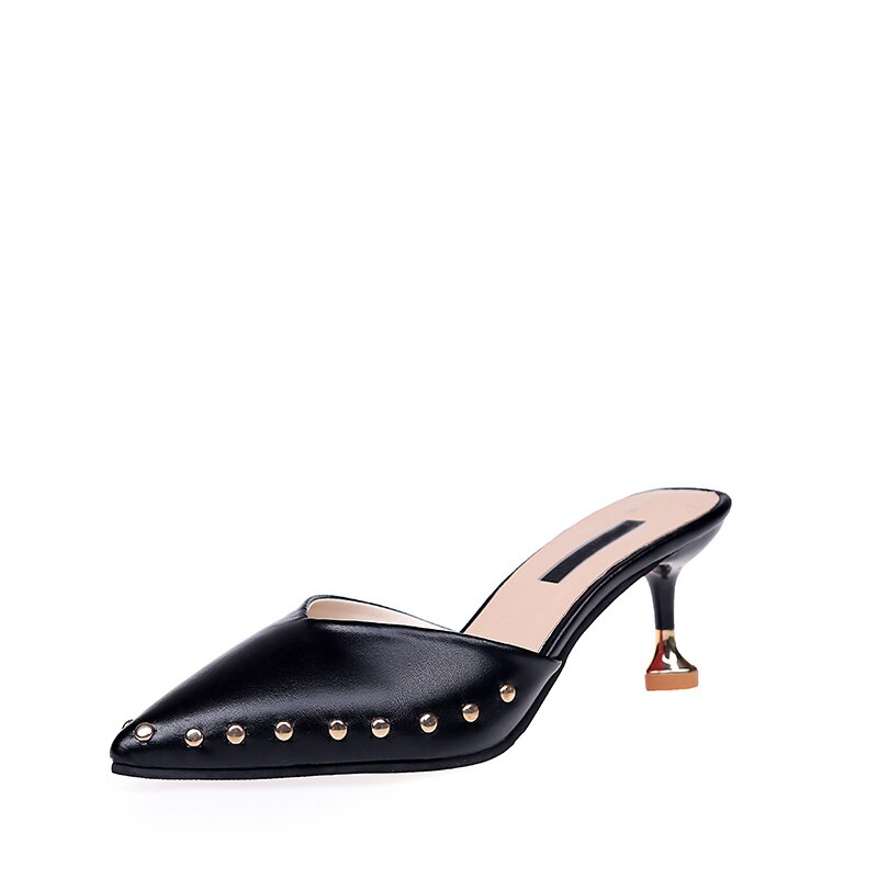 Vrouwen Zomer Muilezels Slippers Hoge Hakken Dames Klinknagels Puntschoen Strange Stijl Vrouwelijke Buiten Schoenen Voor Meisjes: Black / 6