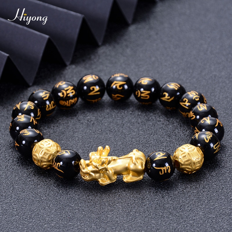 Feng shui preto obsidian grânulos pulseira de alta qualidade pixiu riqueza pulseiras para homens charme buda liga jóias