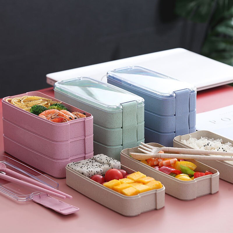 900ml Gezonde Materiaal Lunchbox 3 Layer Tarwe Stro Bento Dozen Magnetron Servies Voedsel Opslag Container Lunchbox