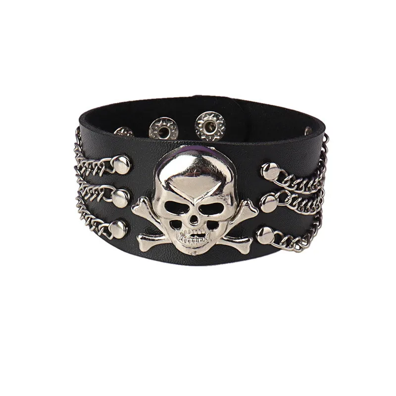 Bracelet gothique Punk crâne, chaînes en métal, pointes à rivets, en cuir Pu, manchette large, bijoux pour femmes et hommes, 2023: Rhodium plaqué