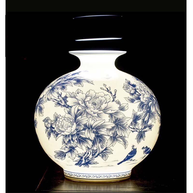 Jingdezhen Keramische Chinese Pioen Bloem Vaas Blauw En Wit Porselein Ornamenten Lliving Fijne Bone China Vaas Decoratie