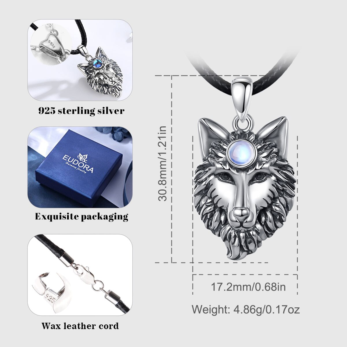 Eudora 925 Sterling Sillver Wolf Hoofd Amulet Hanger Ketting Mode Maansteen Wolf Koning Hanger Warriors Sieraden Voor Mannen Vrouwen