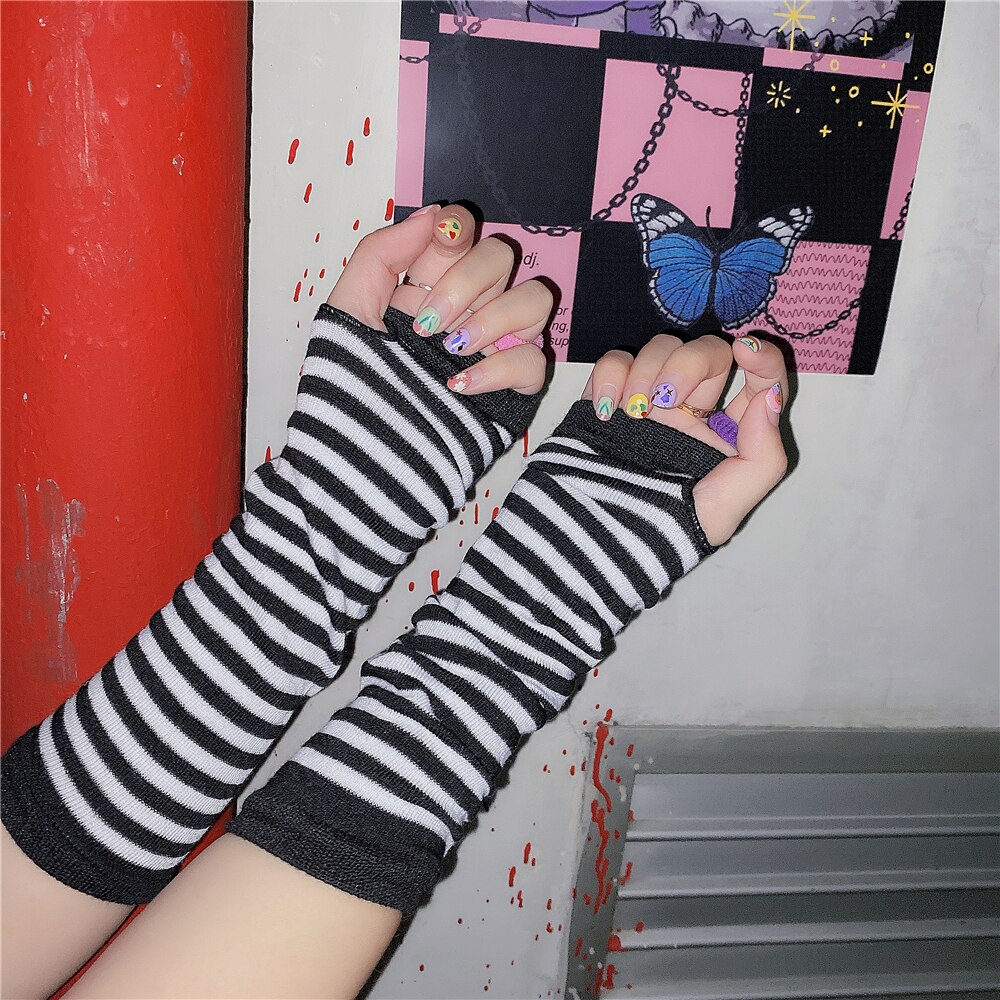 Gant gothique Harajuku Punk Style Rose rouge rayé, mi-doigt Long, 9 couleurs, gants longs pour filles, Streetwear: 7