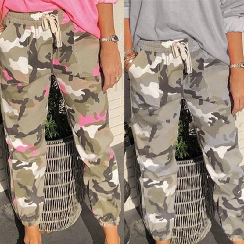 Grijs Camouflage Print Hoge Elastische Taille Volledige Lengte Camo Cargo Broek Vrouwen Kleding Joggingbroek Casual Losse Broek