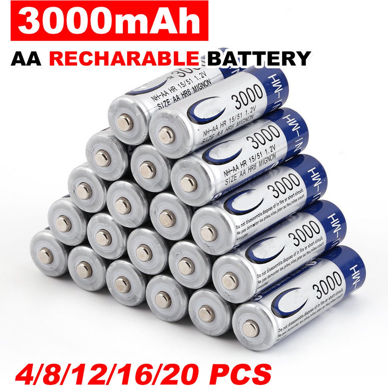 Aa 3000Mah Aaa 1000Mah Oplaadbare Batterij Ni-Mh 1.2V Oplaadbare Batterij Voor Led Licht Speelgoed mp3