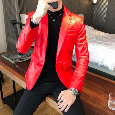 Høst pu skinnjakke blazer koreansk slank skinn dressjakke ensfarget herre skinnjakke m-xxxl: Rød / M