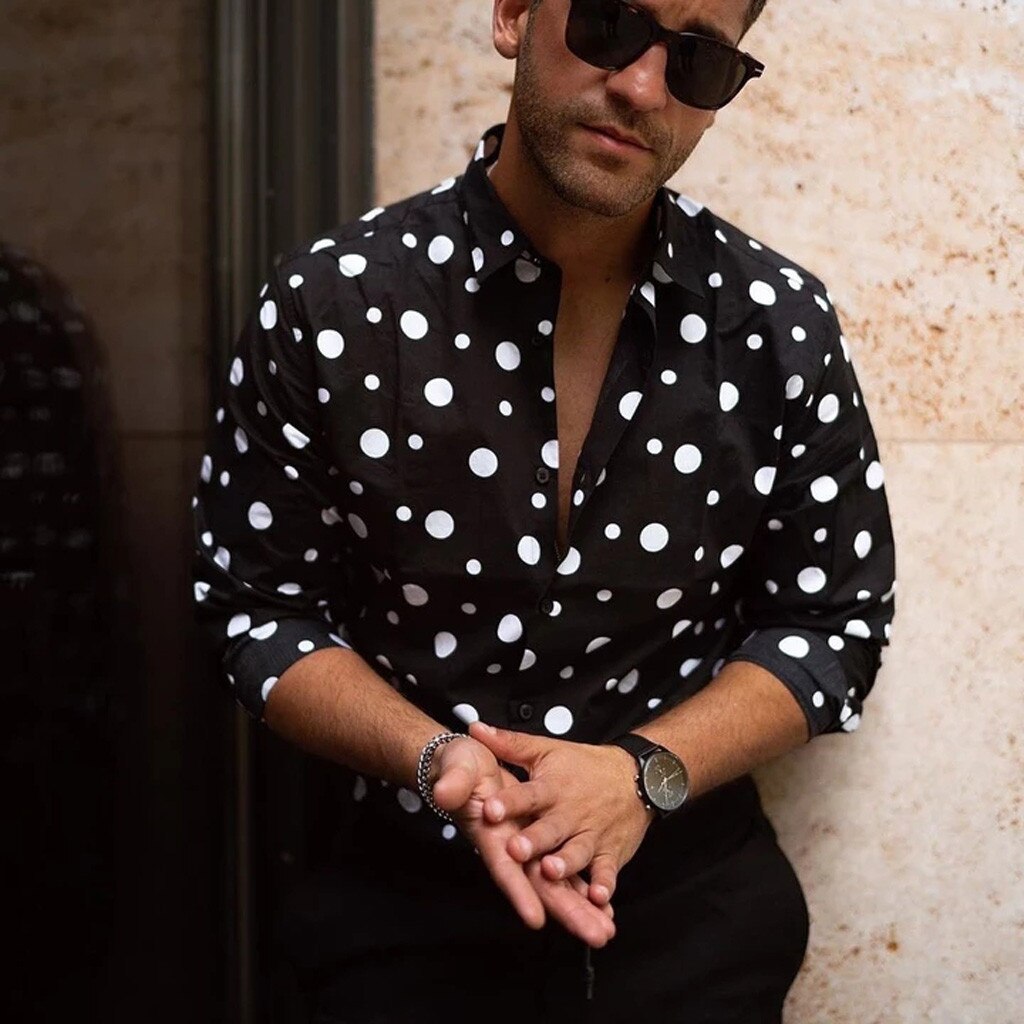 Camisa Negra de manga larga para hombre, camisa con estampado de lunares, informal, combina con todo, para otoño,