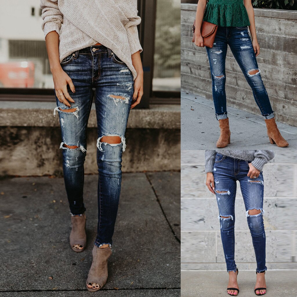 jean femmes taille haute maigre trou Denim bouton Stretch pantalon mince mollet longueur jean roupas déchiré jean rapide