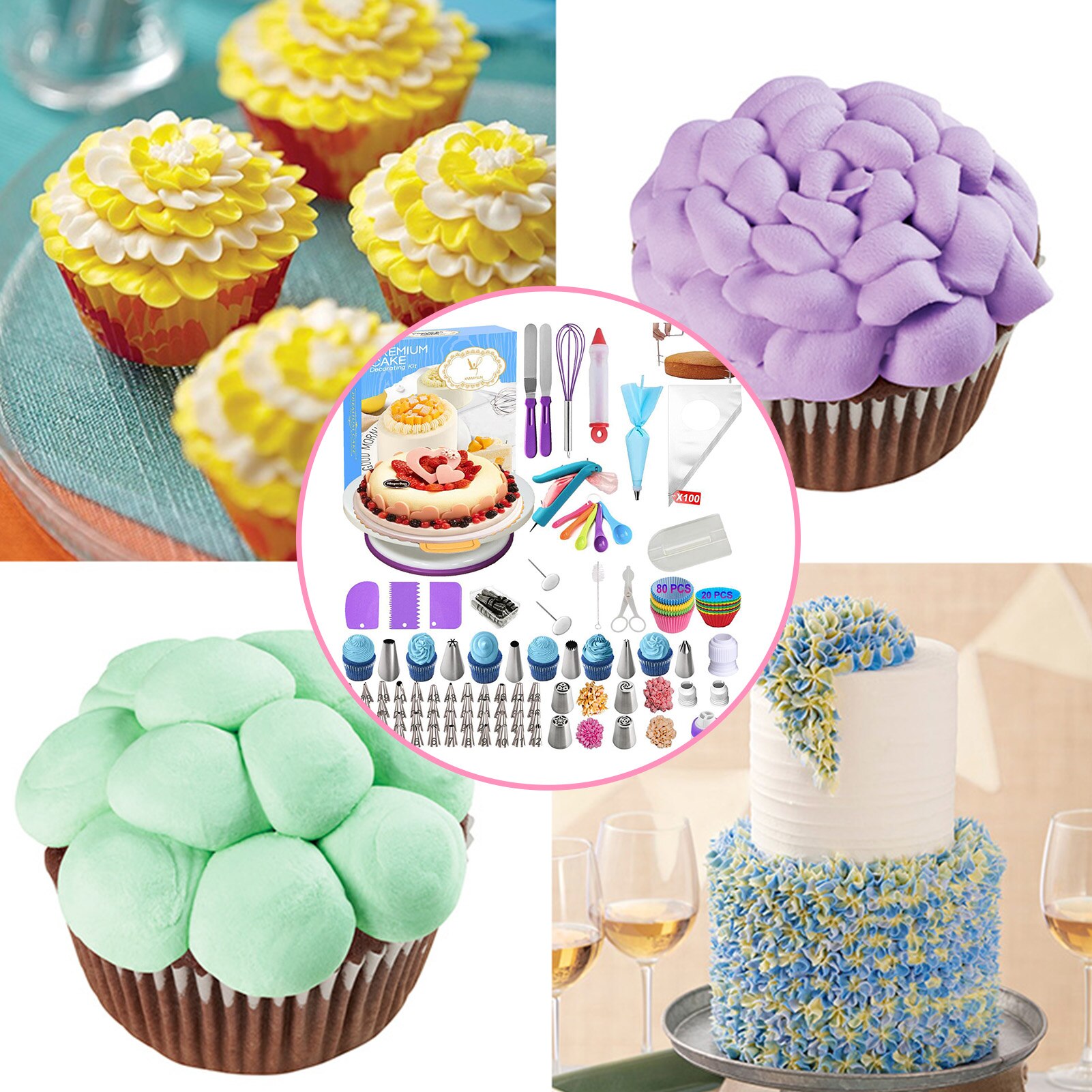 285 Pcs Complete Cake Decorating Supplies Kit Turntable Stand Baking Supplies Cake Scraper Pastry Dressing Tape