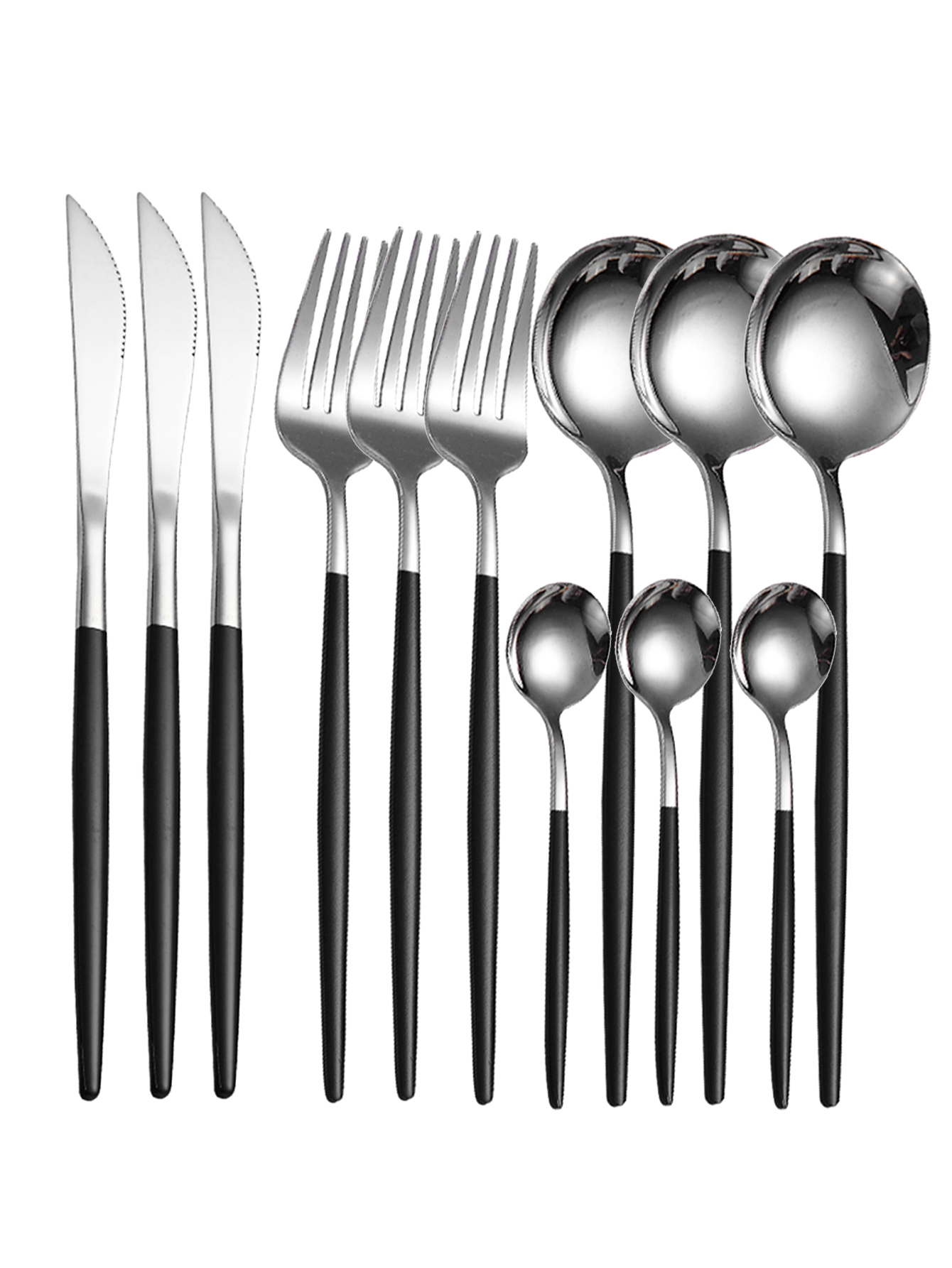12pc Thin stainless steel cutlery set Portugal steak knife and fork dessert spoon coffee spoon: Clear